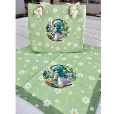 ست کیفو روسری بچگانه قواره90سبزبابونه