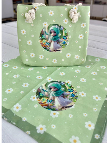 ست کیفو روسری بچگانه قواره90سبزبابونه