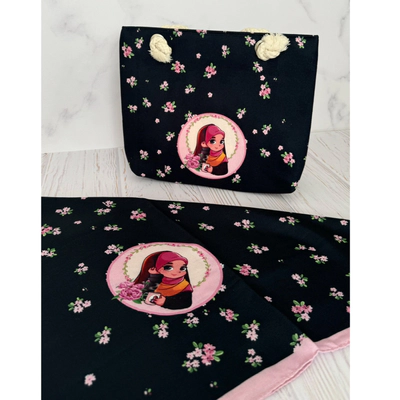 ست کیفو روسری بچگانه قواره 90 گل صورتی